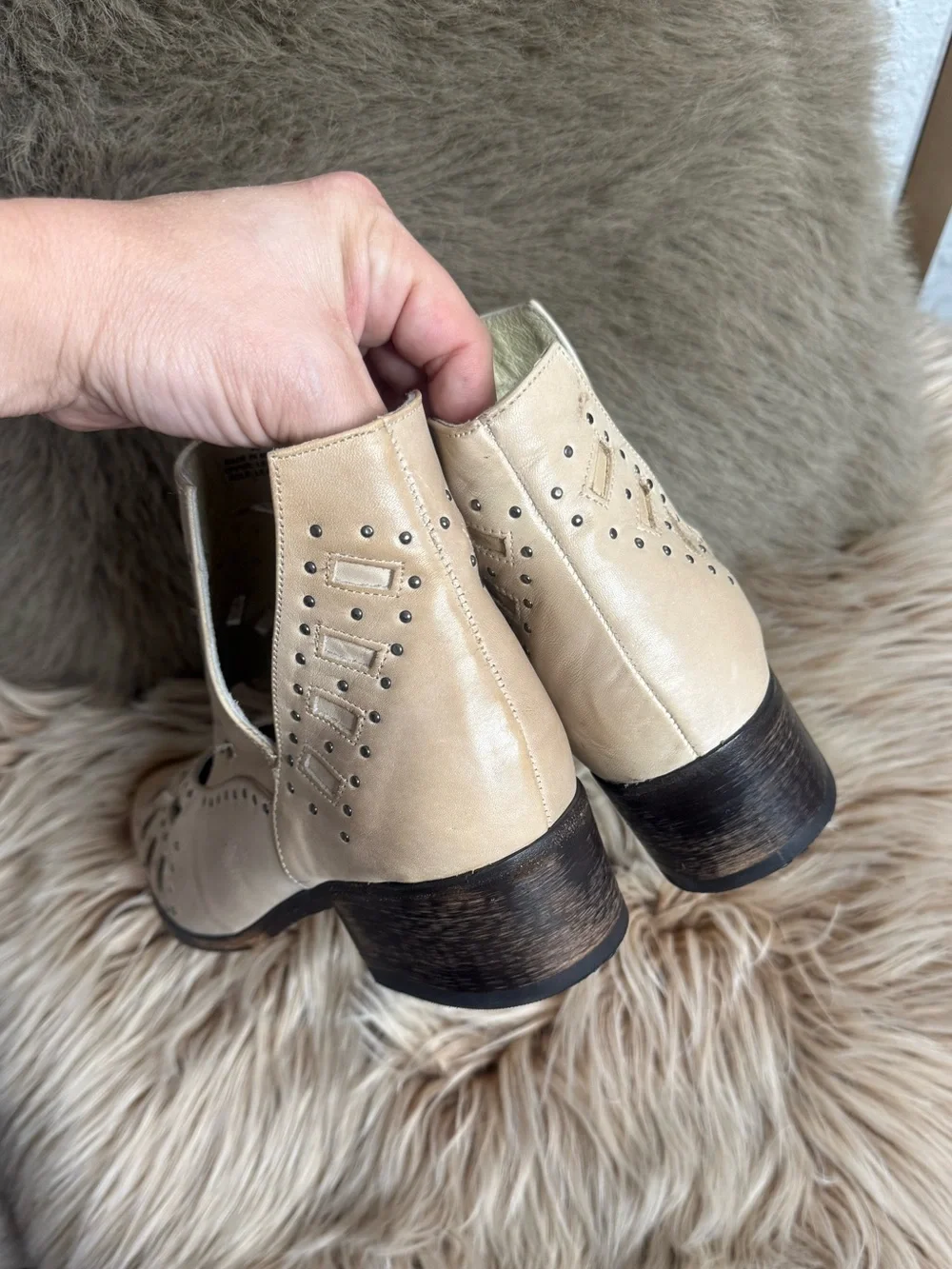 Sbicca Navarro Leather Cream Cutout Studded Western Ankle Boots
